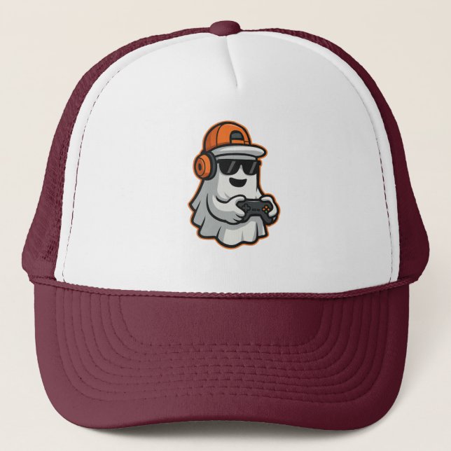 Funny Halloween Ghost Gamer Pixel Video  Trucker Hat (Front)