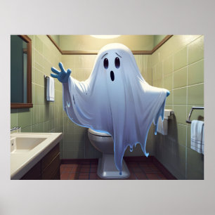 Funny Halloween ghost in bathroom toilet Poster