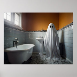 Funny Halloween ghost in bathroom toilet Poster