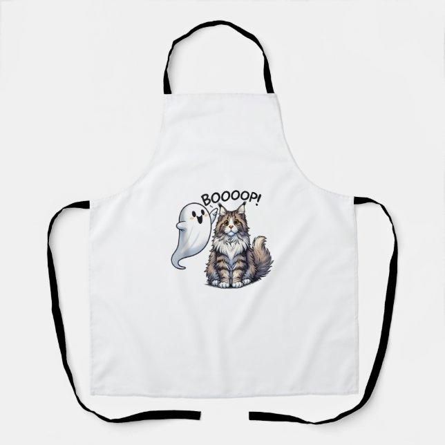 Funny Halloween Ghost Maine Coon Cat Boop Easy Laz Apron (Front)