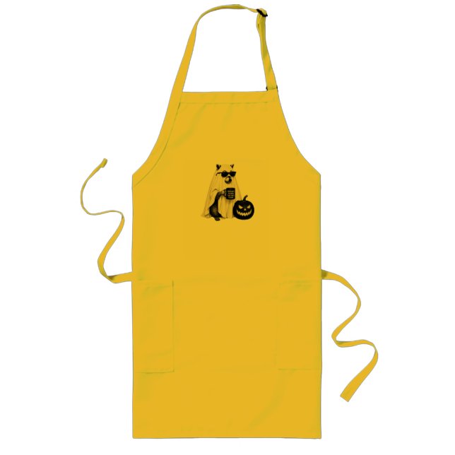 Funny Halloween Ghost Racoon Office Worker Illust Long Apron (Front)