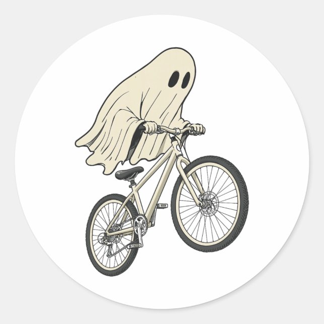 Funny Halloween Ghost Riding Bike Mountain Biking  Classic Round Sticker (Front)