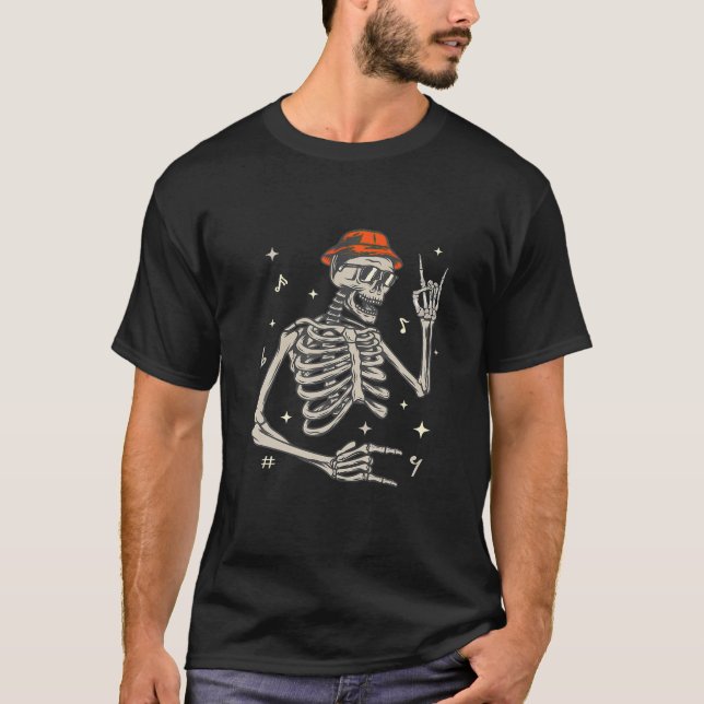 Funny Halloween Gifts Rocker Skeleton Hand Rock On T-Shirt (Front)