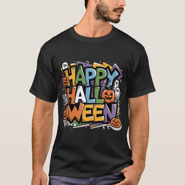 Funny Halloween Graffiti Art with Colourful Text T-Shirt (Front)