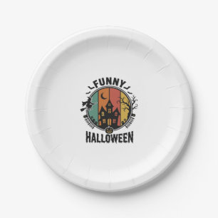 Funny Halloween Haunted House Vintage Vector Desig Paper Plate