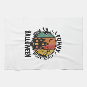 Funny Halloween Haunted House Vintage Vector Desig Tea Towel
