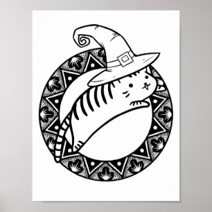 Funny Halloween Jumping Cat Colouring Page Poster