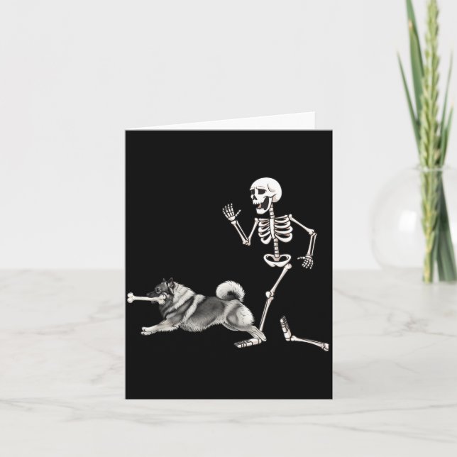 Funny Halloween Keeshond And Skeleton Card (Front)