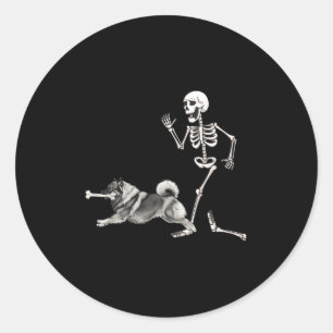Funny Halloween Keeshond And Skeleton  Classic Round Sticker