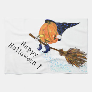 Funny Halloween Kitchen Towel Witch Pumpkin Flying
