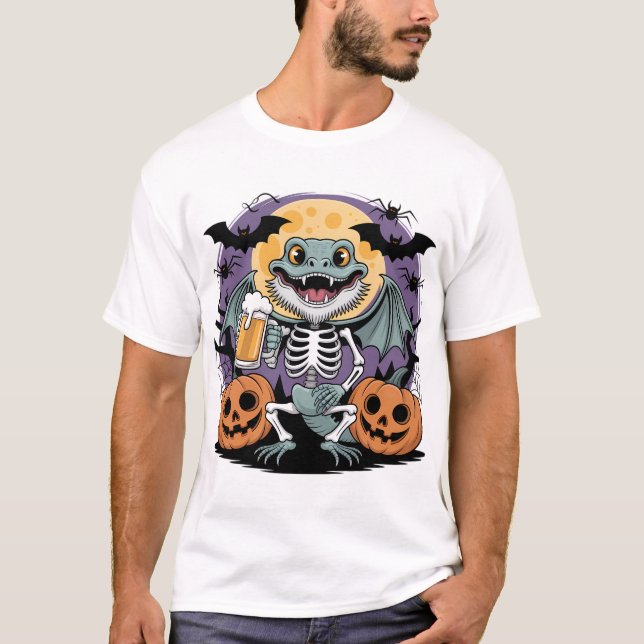 Funny Halloween Lizard Skeleton with Beer T-Shirt (Front)