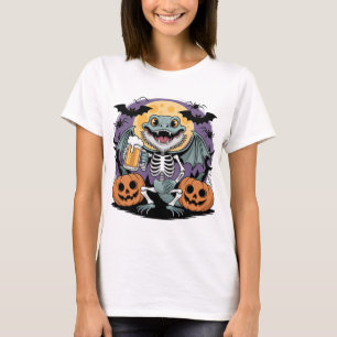 Funny Halloween Lizard Skeleton with Beer T-Shirt