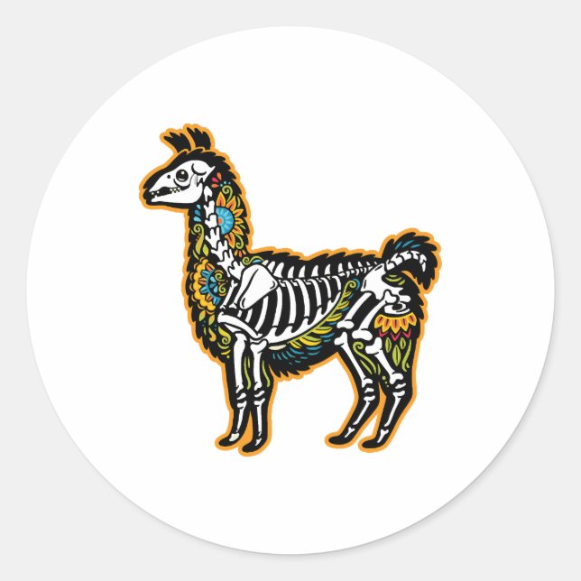 Funny Halloween Llama Skeleton Graphic - Classic Round Sticker (Front)