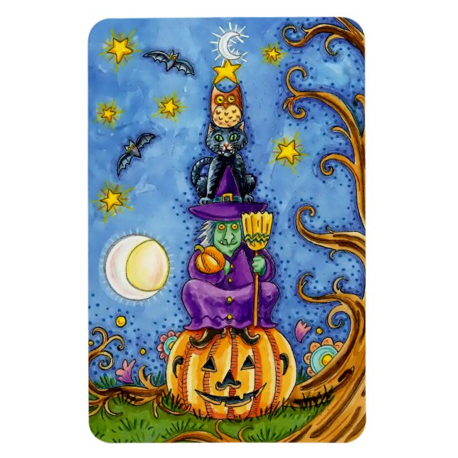 Funny Halloween Magnet with Pumpkin, Witch Cat Owl (Vertical)