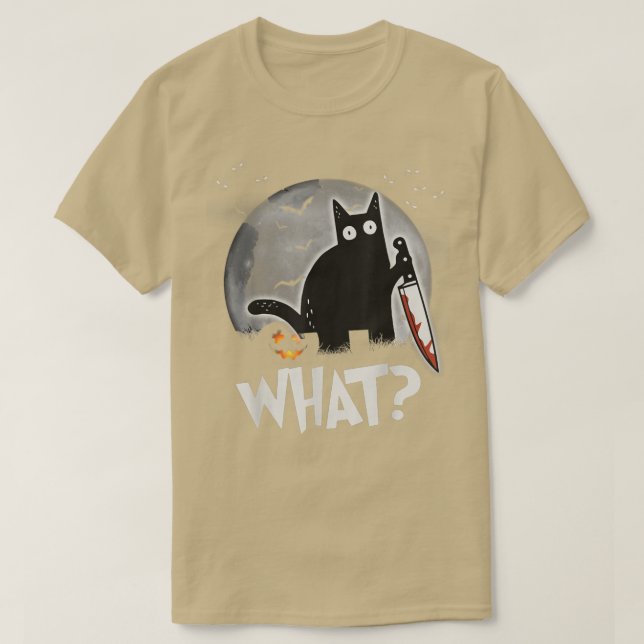 Funny Halloween Murderous Black Cat With Knife In  T-Shirt (Design Front)