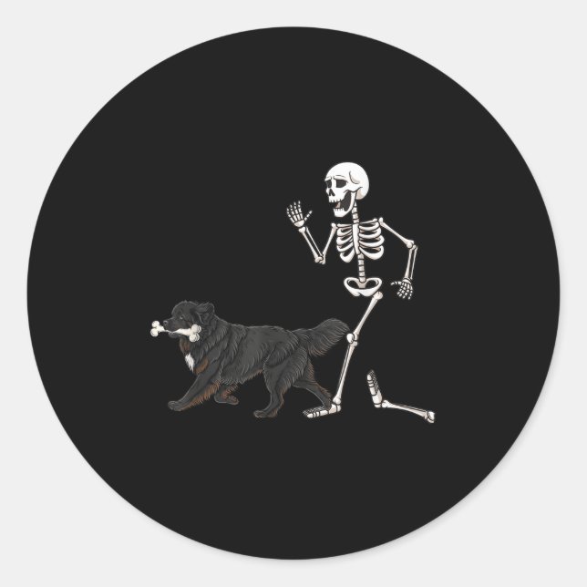 Funny Halloween Newfoundland And Skeleton  Classic Round Sticker (Front)