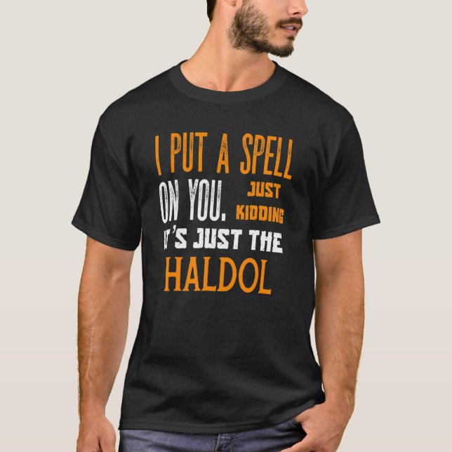 Funny Halloween Nurse RN Medical Haldol Spell Medi T-Shirt (Front)