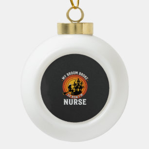 Funny Halloween Nurse Witch Broom Costume Graphic Ceramic Ball Christmas Ornament
