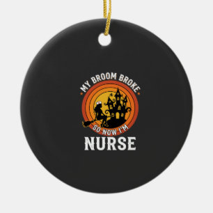 Funny Halloween Nurse Witch Broom Costume Graphic Ceramic Tree Decoration