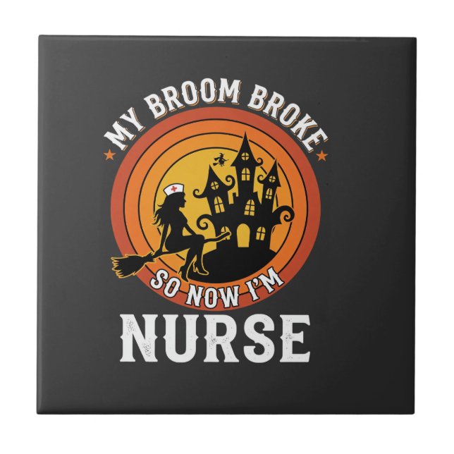 Funny Halloween Nurse Witch Broom Costume Graphic Tile (Front)