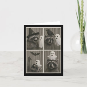 Funny Halloween Party Racoon Photo Cabin Design Card