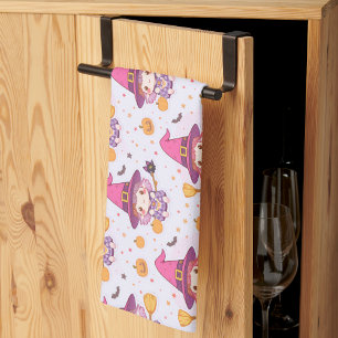 Funny Halloween Pattern with Pumpkins and witch Tea Towel