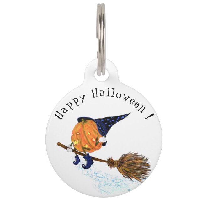 Funny Halloween Pet ID Tag Witch Pumpkin Flying (Front)