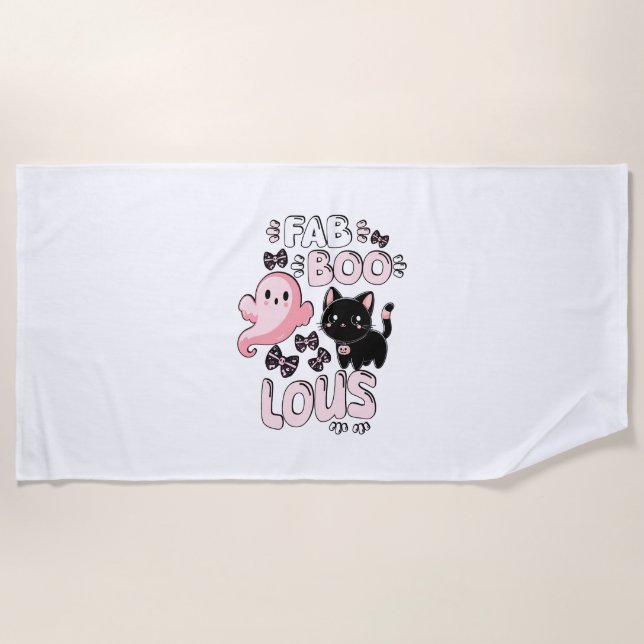 Funny Halloween Pink Ghost Spooktacular Cat Fab BO Beach Towel (Front)