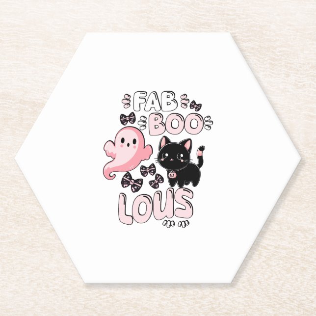 Funny Halloween Pink Ghost Spooktacular Cat Fab BO Paper Coaster (Front)