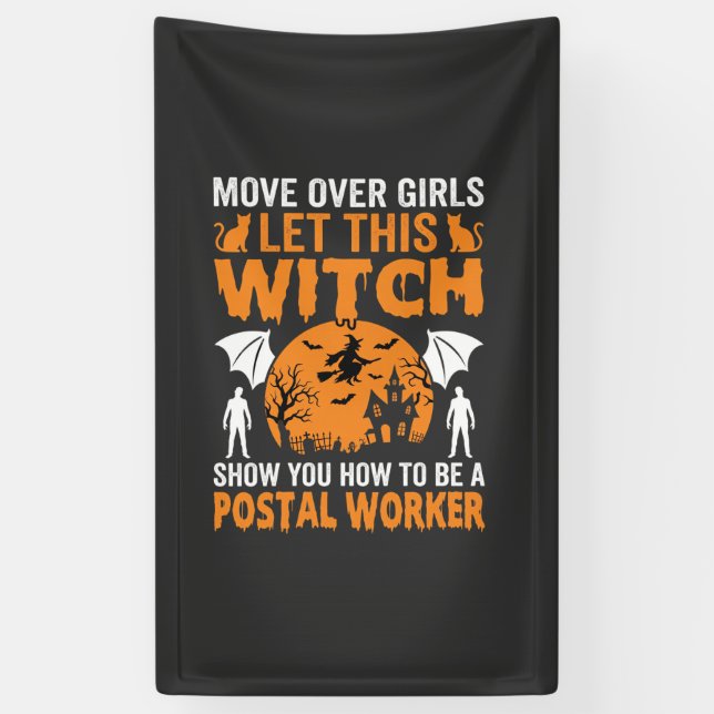 Funny Halloween Postal Worker Witch Cat Graphic Banner (Vertical)
