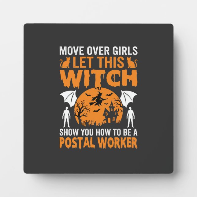 Funny Halloween Postal Worker Witch Cat Graphic Plaque (Front)