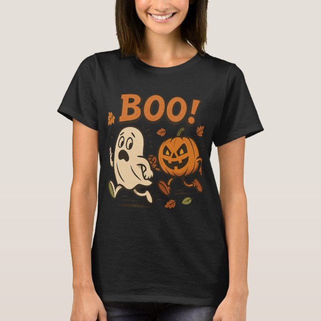 Funny Halloween Pumpkin Chasing Ghost | Spooky T-Shirt (Front)