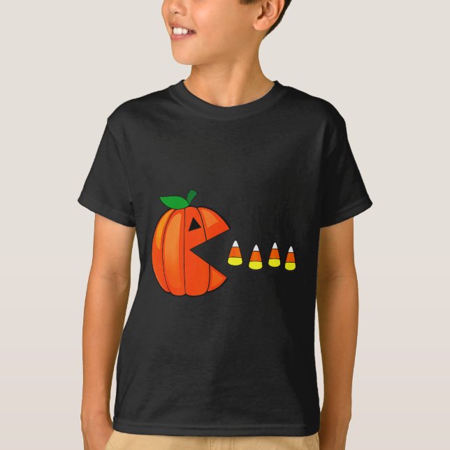 Funny Halloween Pumpkin Eating Candy Corn  T-Shirt (Front)