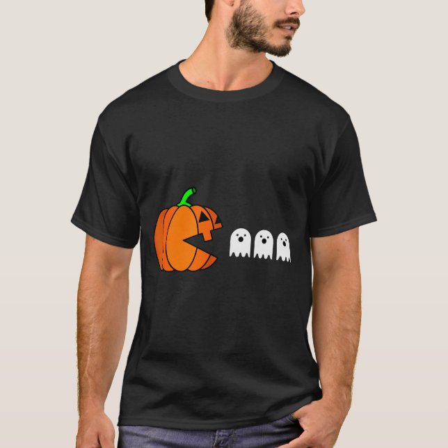 Funny Halloween Pumpkin Eating Ghost, Gamer Men Wo T-Shirt (Front)