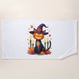 Funny Halloween Pumpkin Head Cat Lover Beach Towel