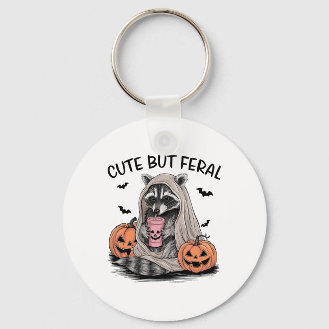 Funny Halloween Racoon With Pumpkins Ts - Cute Bu Key Ring (Front)
