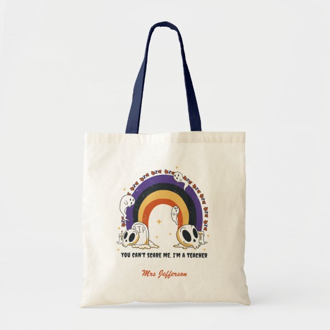 Funny Halloween Retro Boho Rainbow Custom Teacher Tote Bag (Front)