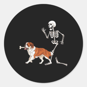 Funny Halloween Saint Bernard And Skeleton Classic Round Sticker