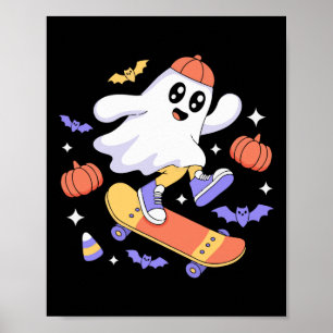 Funny Halloween Skateboard Ghost Design For Spooky Poster