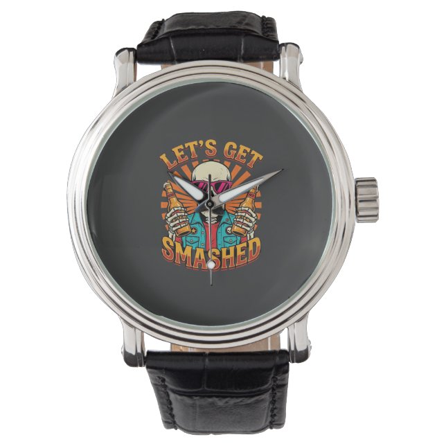 Funny Halloween Skeleton Beer Smashed Design_1 Watch (Front)