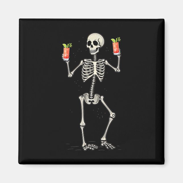 Funny Halloween Skeleton Drinking Bloody Mary Tail Magnet (Front)