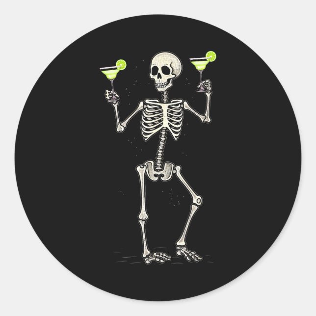 Funny Halloween Skeleton Drinking Margarita Tail  Classic Round Sticker (Front)