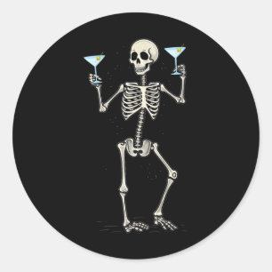 Funny Halloween Skeleton Drinking Martini Tail  Classic Round Sticker