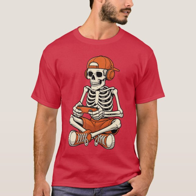 Funny Halloween Skeleton Gamer Video Gaming Boys M T-Shirt (Front)