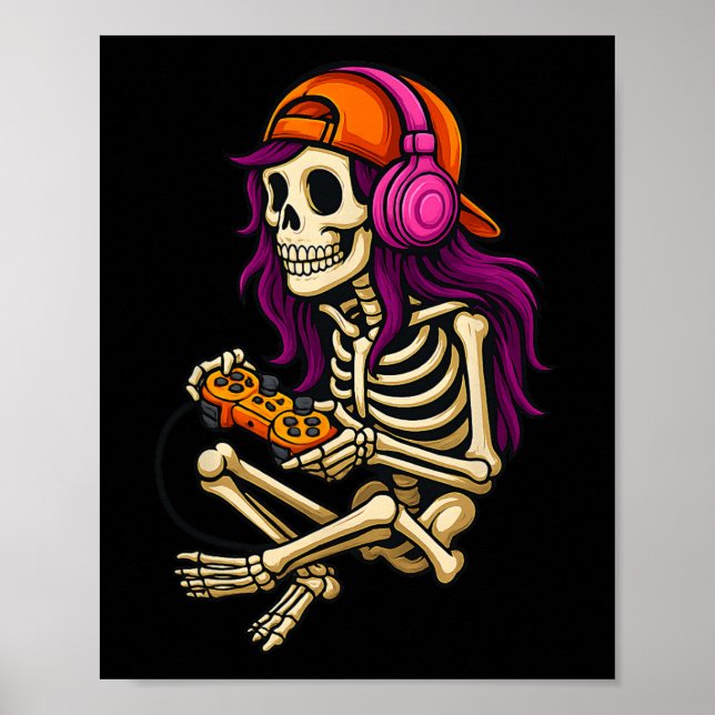 Funny Halloween Skeleton Gamer Video Gaming Girls  Poster (Front)