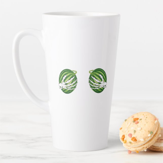 Funny Halloween Skeleton Hands Holding Melons Latte Mug (In Situ)