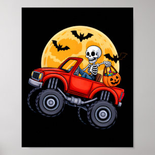 Funny Halloween Skeleton Monster Truck Kids Boys T Poster