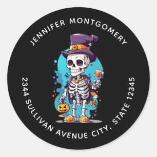 Funny Halloween Skeleton wearing Top Hat Address Classic Round Sticker