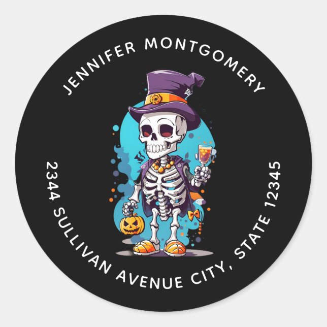 Funny Halloween Skeleton wearing Top Hat Address Classic Round Sticker (Front)