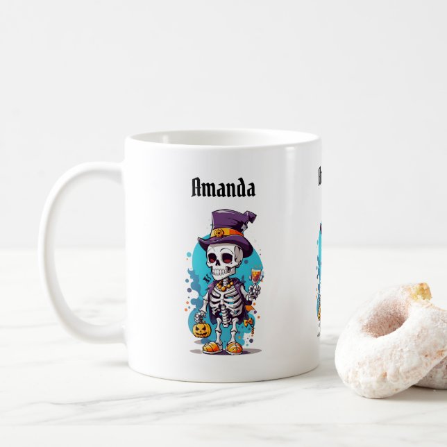 Funny Halloween Skeleton wearing Top Hat Coffee Mug (With Donut)